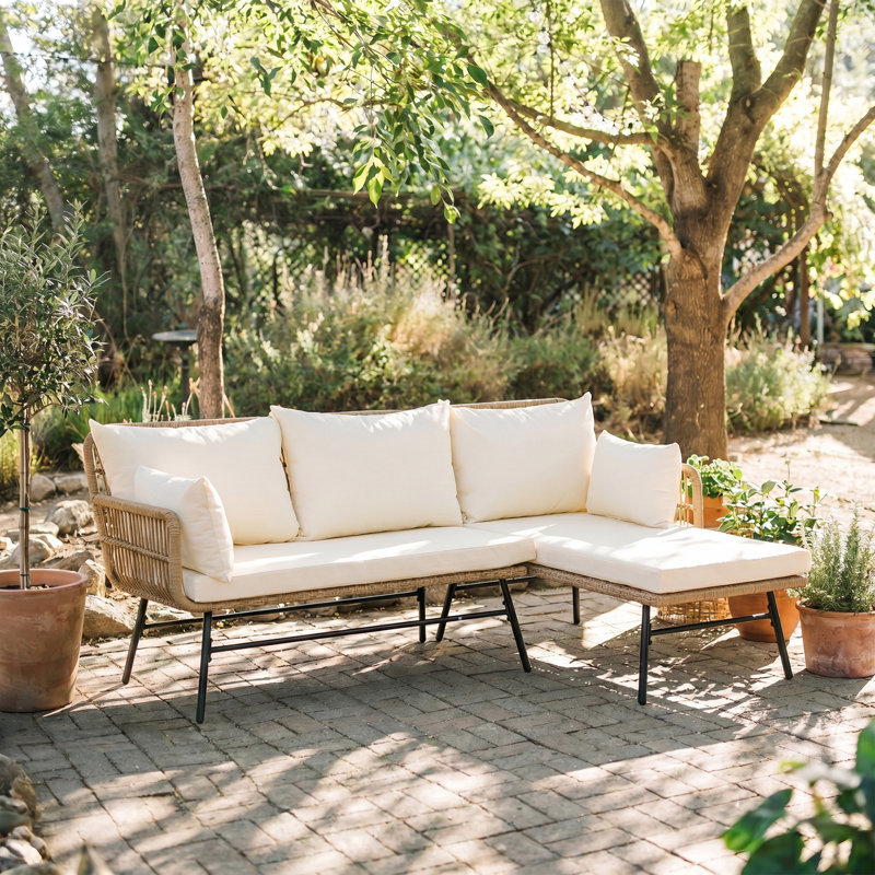 Alfarata 3 - Person Outdoor Boho Wicker Patio L-Shaped Sofa with Cushions, Beige/Beige