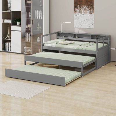 Lit plateforme simple en bois XL avec 3 tablettes de rangement, chargement USB, 1 lit gigogne et 2 lumières