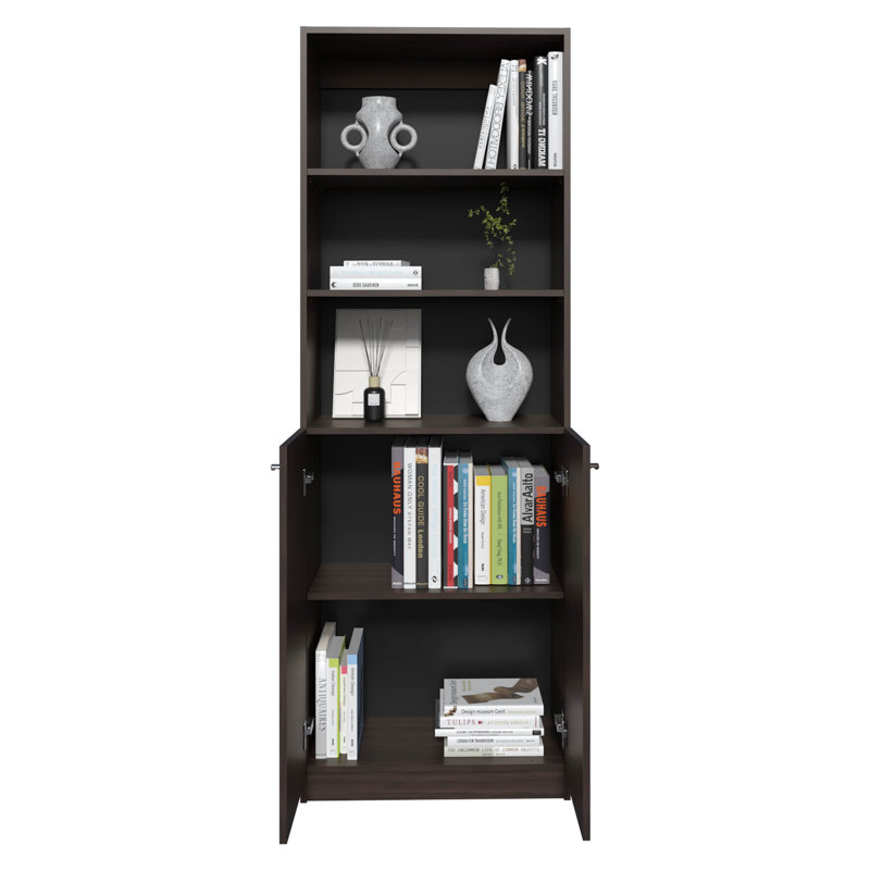Bibliothèque Home 2 portes avec deux tablettes ouvertes et rangement dissimulé