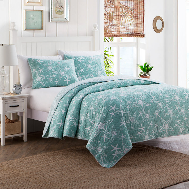 King Blue Cotton Reversible Nautical Quilt Set