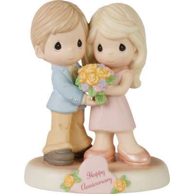 Figurine Precious Moments Couple tenant un bouquet de fleurs Happy Anniversary 5,31 pouces