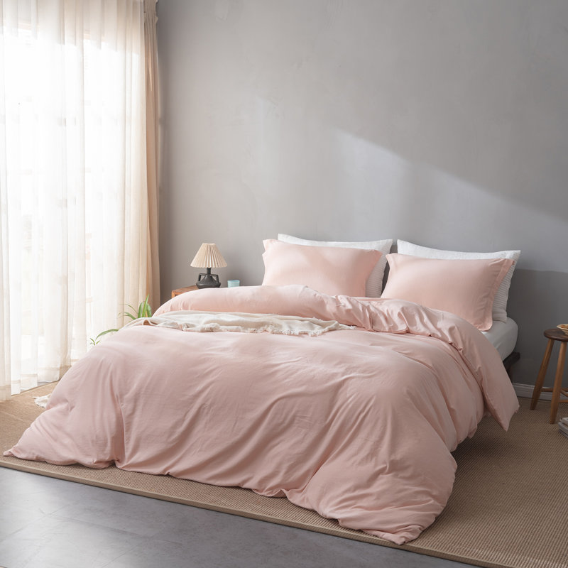  Breathable Washed Microfiber Duvet Cover Set, King Duvet Cover + 2 King Shams, Mauve Pink