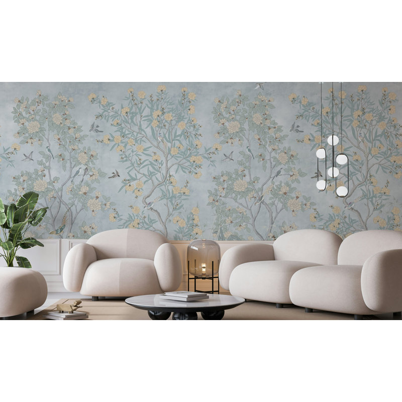 Papier peint oiseau bleu Chinoiserie Garden, L 106 po x l 187 po