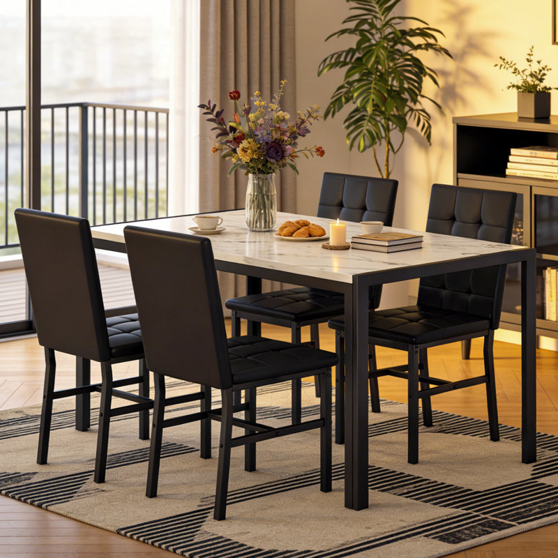 Ensemble de table de salle à manger 5 pièces pour 4 personnes, table de salle à manger moderne en faux marbre avec 4 chaises rembourrées en tissu écossais, table de cuisine moderne et ensemble de chaises pour petit espace, salle à manger, coin repas