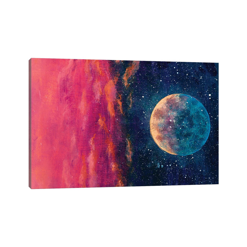 Fantastic Beautiful Big Planet Moon Among Stars In Universe by Valery Rybakow - Painting on Canvas, Wrapped Canvas