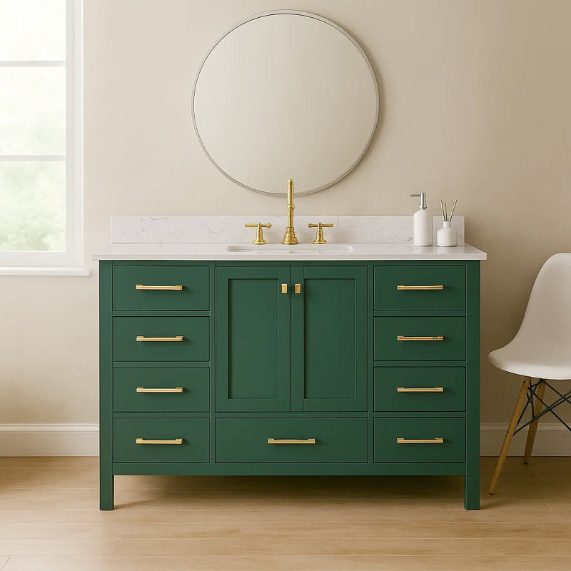 54 In. W X 22 In. D Single Sink Bath Vanity With Engineered Top, Brushed Gold, Green