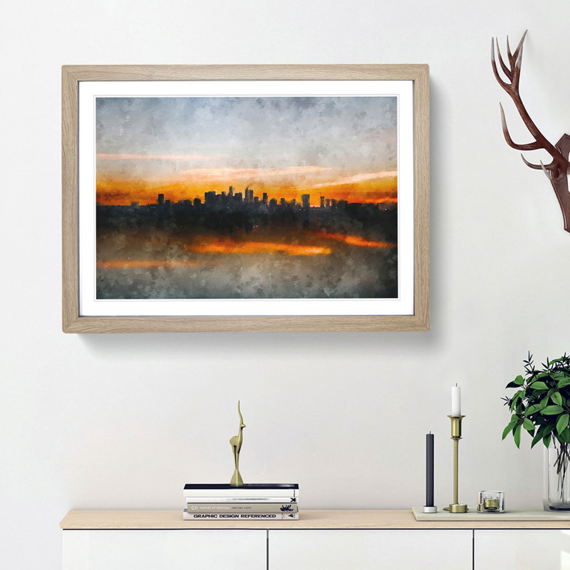Sunrise over Los Angeles Skyline - Picture Frame Painting Print, 24cm H x 33cm W x 2cm D, Oak Framed