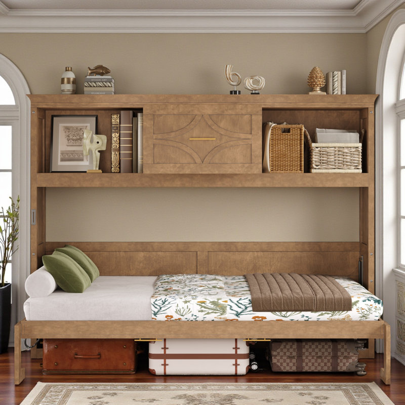 Lit escamotable avec station de charge, 2 armoires de rangement et 1 tiroir, Bois
