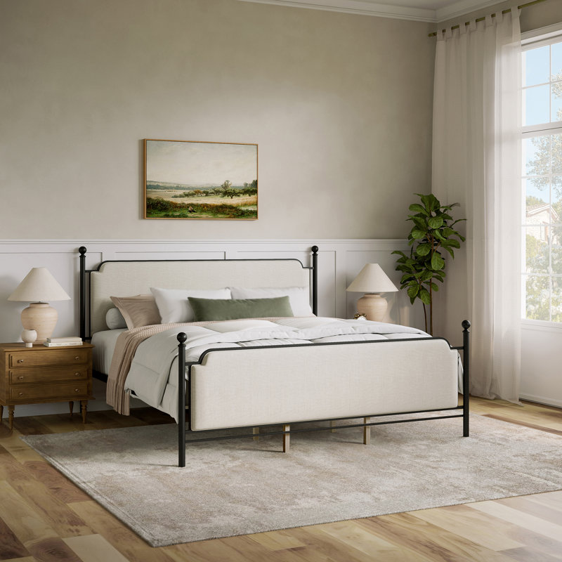 Jarin Metal And Upholstered Complete Platform Bed, Matte Black With Natural Fabric, King