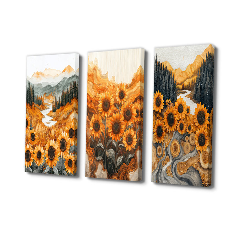 Autrum tournesols champ dans la forêt I - Collection de décorations murales traditionnelles, Toile tendue, H 28 po x l 36 po