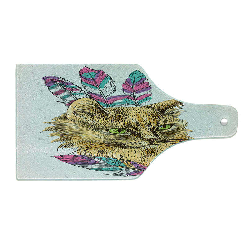 Ambesonne Cat Tempered Glass Cutting Board Cat with Colourful Feathers Multicolor
