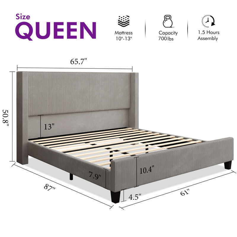 Wauseon Corduroy Upholstered Bed, Queen, Taupe Corduroy