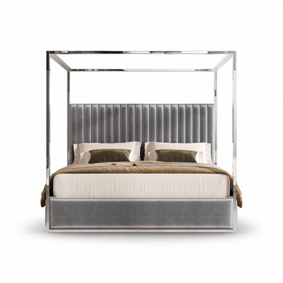 Upholstered Four-Poster Canopy Bed with Chrome-Plated Frame and Channel-Tufted Headboard