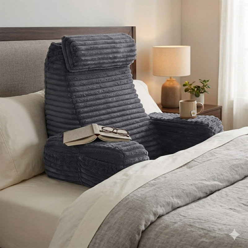 Coussin de lecture 22 po avec accoudoirs, coussin de dossier avec poches, gris foncé