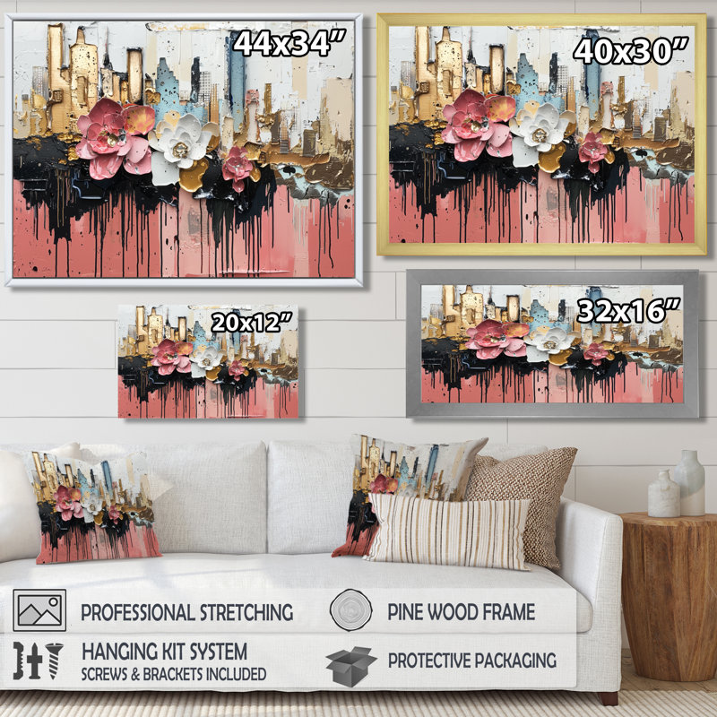 Reproduction d'art sur toile, "Cubism City" rose et noir, Argent argent, Cadre flottant, H 24 po x l 32 po