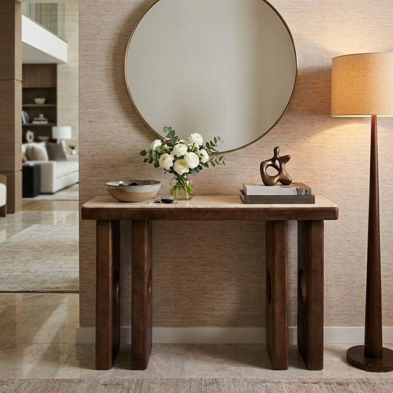 Console en travertin Modern Edge avec base en bois pour l'entrée ou le couloir - Console de canapé étroite pour vestibule ou présentoir de maison - 47 po, brun clair et brun
