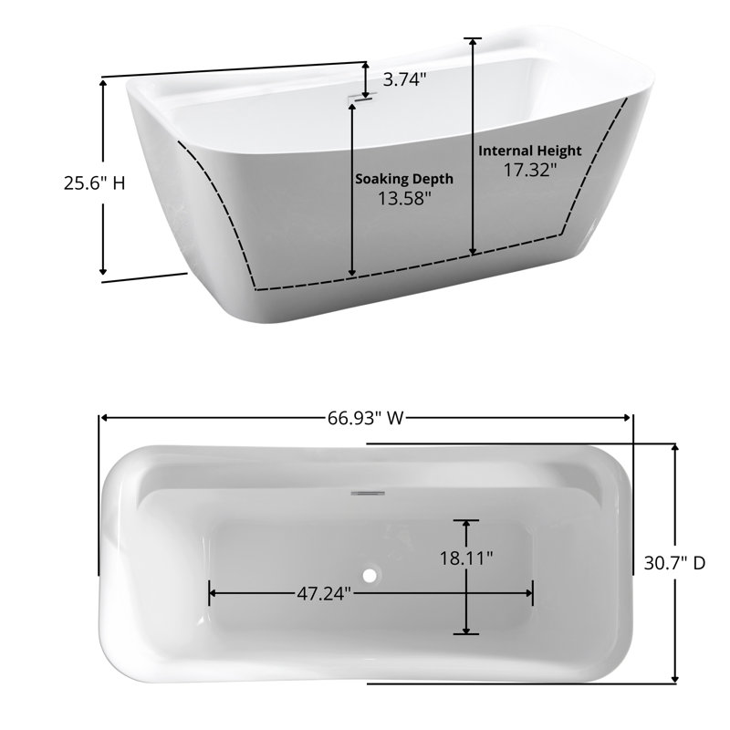 67  inch Freestanding Acrylic Bathtub in Glossy White