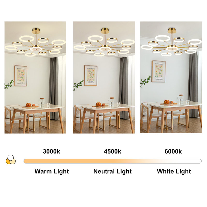 Lustre moderne 37,8 po à DEL en cuivre, 10 anneaux, 10