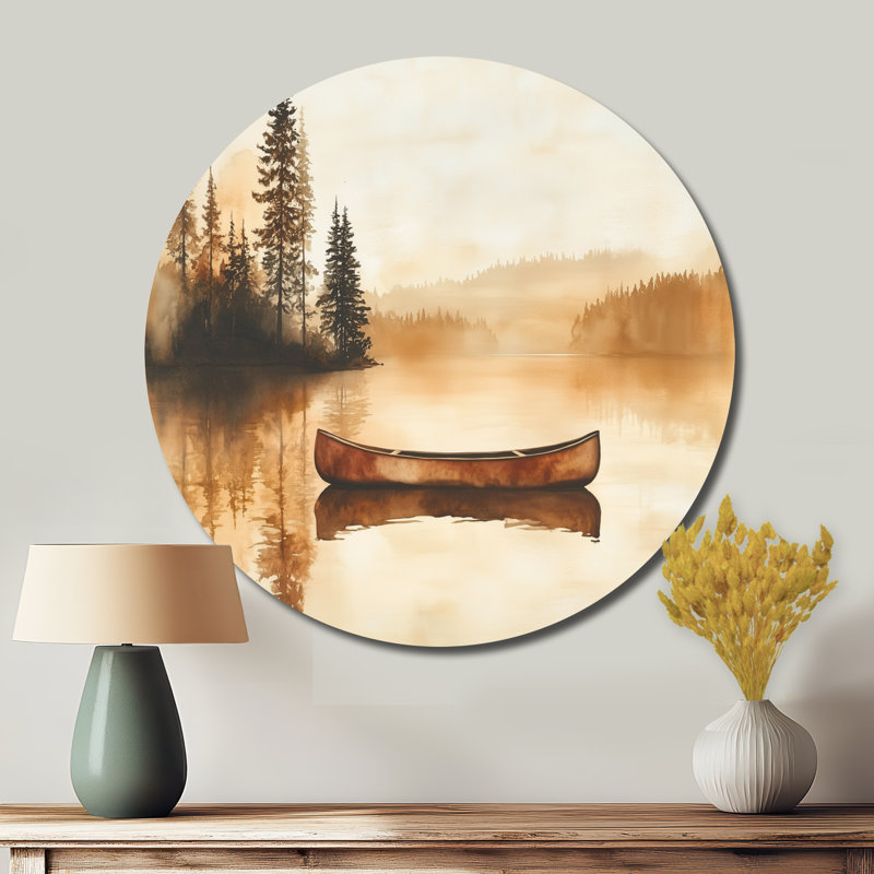 Lac, art mural Canoe Driting - paysages ronds, art mural en métal, L 36 po x H 36 po