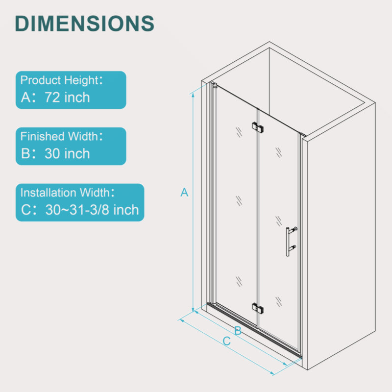 30"W X 72"H Fold Frameless Shower Door With Tempered Glass, Matte Black