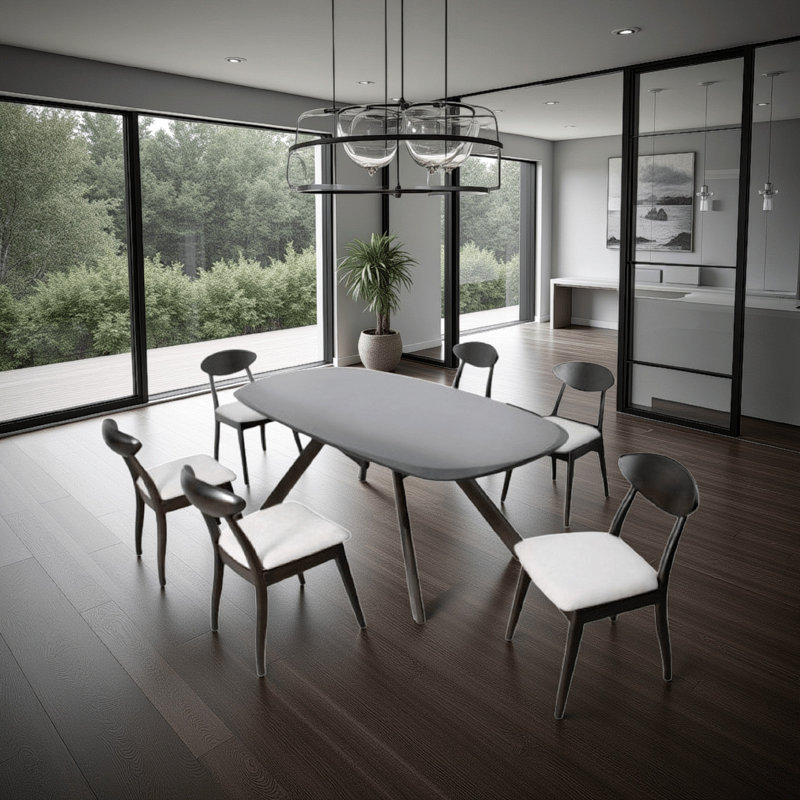 Ensemble de table de salle à manger 7 pièces Ziva, 6 chaises en tissu, bords découpés en 3D, bois noir Ziva