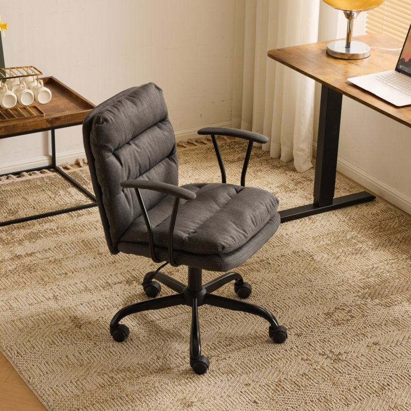 24.4 Inch Upholstered Swivel Office Chair With Leg Pegs And Wheels, Dark Gray