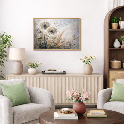 Dandelion Wildflower Botanical Artwork, Soft Neutral Meadow Living Room Pictures, Framed Canvas Giclee Print Wall Art