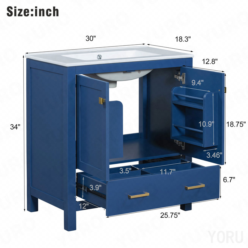 Meuble-lavabo bleu 30 po avec lavabo simple, meuble-lavabo sous-comptoir, armoire de rangement avec 2 portes et un tiroir, fermeture en douceur, rangement multifonctionnel, structure en bois massif