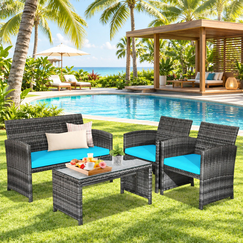 4-Piece Outdoor PE Wicker Conversation Set with Loveseat, 2 Armchairs, Turquoise Cushions and Tempered Glass Coffee Table