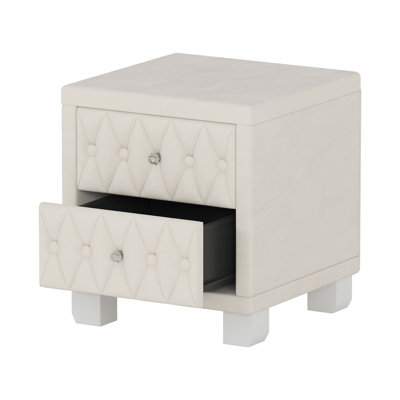 Elegant Velvet Nightstand With 2 Drawers, Crystal Handles, And Button Tufting For Luxurious Bedroom Decor