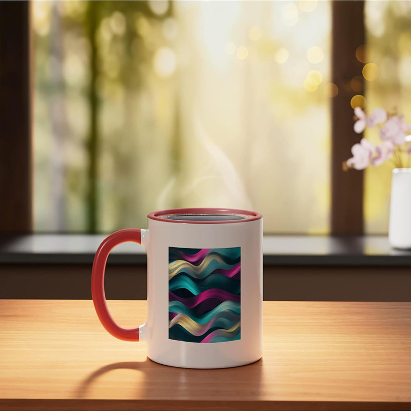 Dynamic Abstract Wave Pattern Ceramic Mug, 11oz, Red