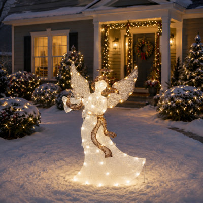 36" White Animated Angel with Wings, Halo, and Harp, Warm LED Lights, Iron Frame