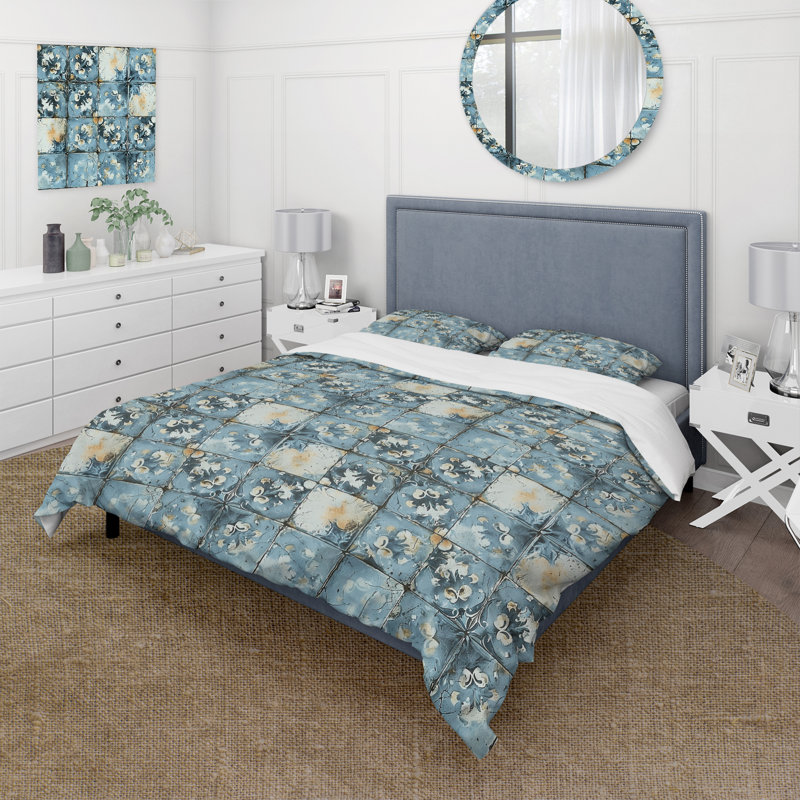 Blue Rustic Floral Tiles - Ensemble de housse de couette Farmhouse, Housse de couette pour grand lit + 2 taies décora