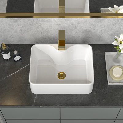 16" L x 12" W Rectangular Bathroom Sink White Ceramic Vessel Sink with Faucet Hole