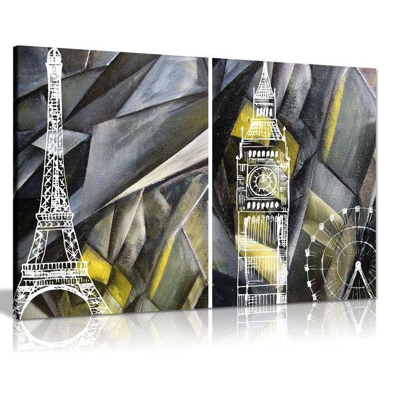 Abstract Black & White And Yellow London Paris - Wrapped Canvas Print, 31cm H x 20cm W
