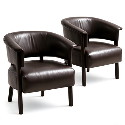 Ensemble de 2 fauteuils d'appoint modernes en similicuir, chaise d'invité de salle à manger rembourrée avec pieds en bois d'hévéa massif, chaise d'attente de réception à dossier incurvé pour le hall d'entrée du salon