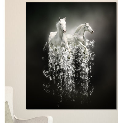 «Fantasy White Horses on Black Wall», reproduction d'impression sur toile