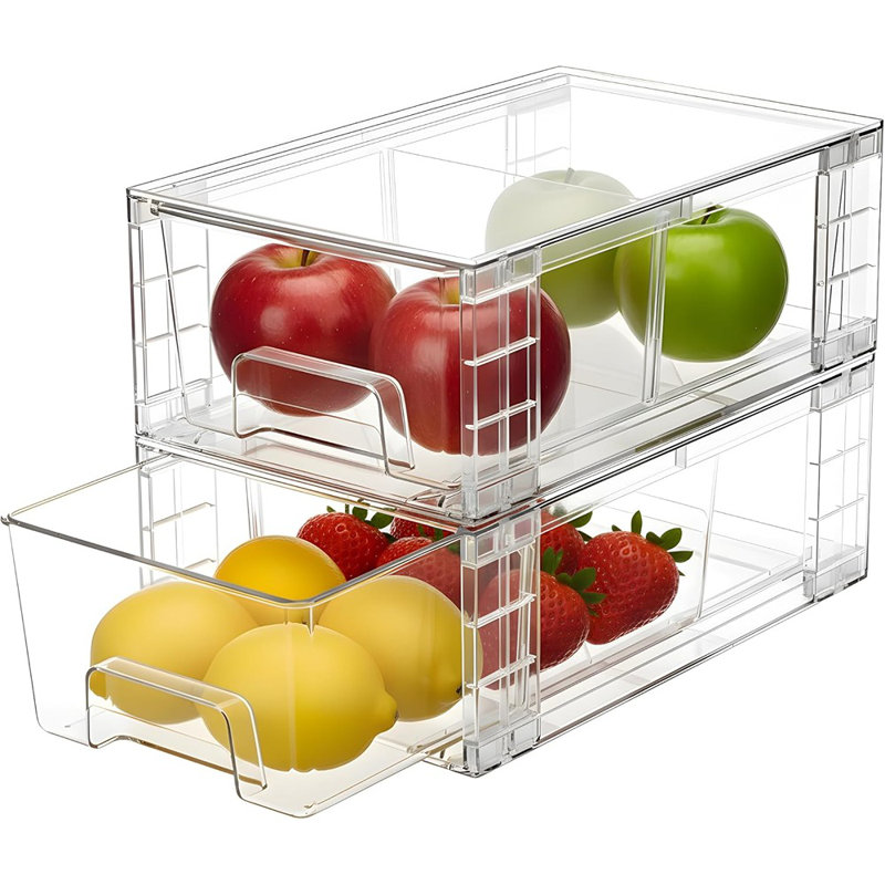 2-Pack Stackable Plastic Storage Drawers With Handles And Movable Dividers For Fridge, Bathroom, Pantry, Kitchen Cabinets, Or Under Sink