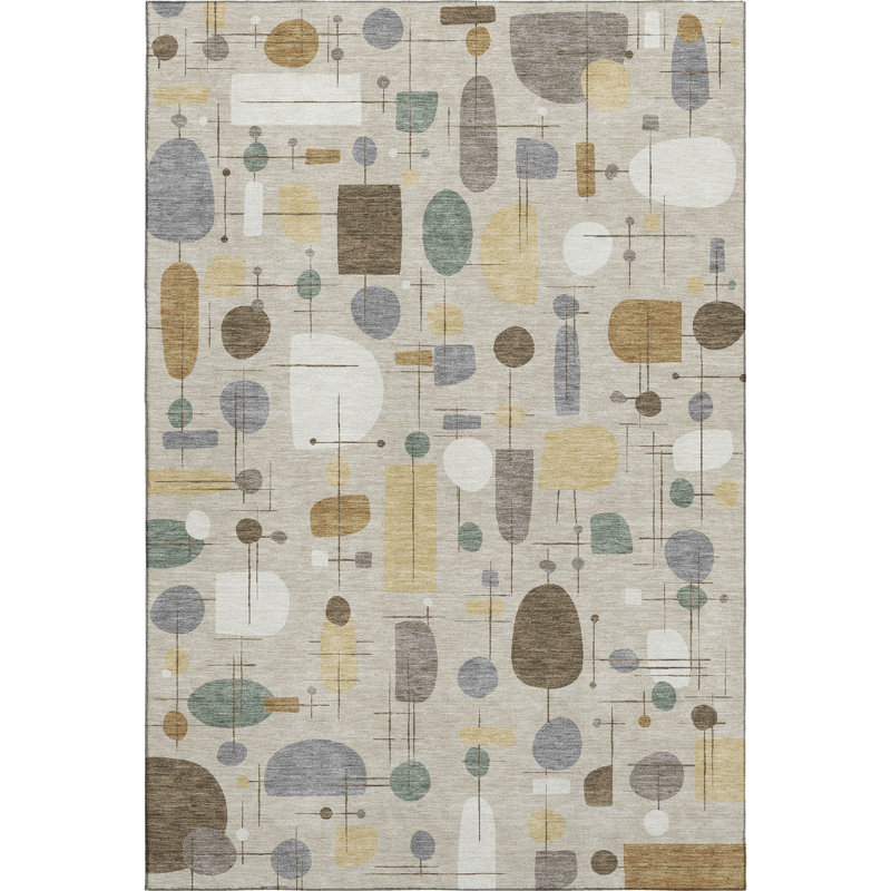 Tapis géométrique lavable à la machine de qualité supérieure Mayfield AMF2393, Beige, 10 pi x 14 pi