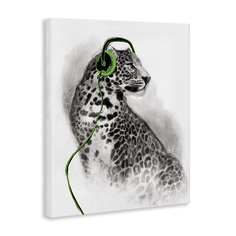«Cheetah with Headphones», art mural sur toile par Masey St. Studios, H 30 po x l 24 po