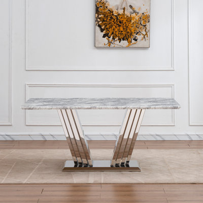 Modern Faux Marble Dining Table with Stainless Steel Base, Ideal for Stylish and Spacious Dining Areas