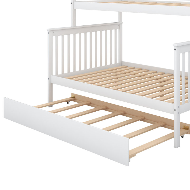 Lit superposé simple au-dessus d'un lit double avec lit gigogne et garde-corps blanc - Économie d'espace stable et de style moderne