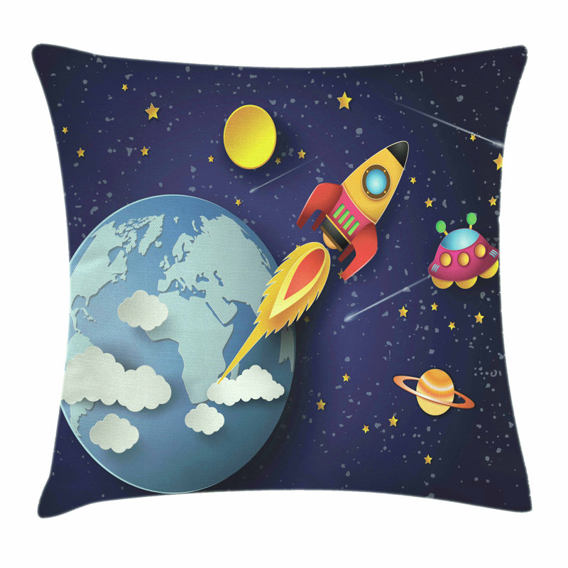 Space Rocket Earth Stars UFO Pillow Cover, 24" x 24"