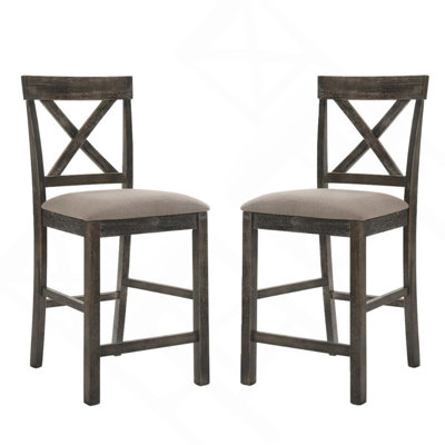 Ensemble de 2 chaises à hauteur de comptoir avec siège rembourré en lin, brun clair et gris patiné