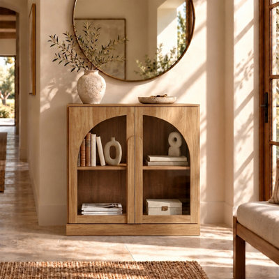 Buffet arqué avec portes et tablette en verre, brun clair