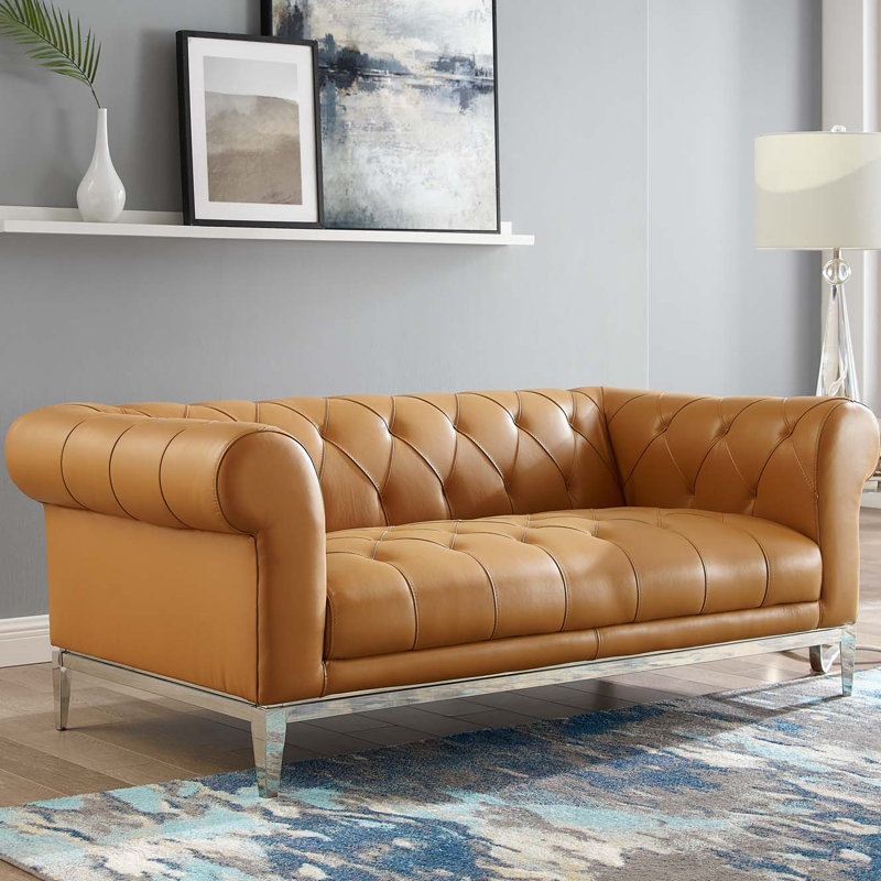 Causeuse Chesterfield Idyll, Cuir véritable brun clair