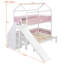Lit superposé en bois en forme de maison avec glissière et escalier de rangement, cadre de lit simple / simple pour enfant, blanc + rose-130154243