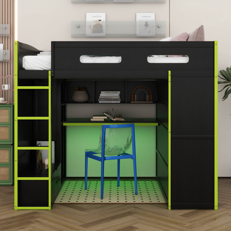 Full Size Wood Gaming Loft Bed With Built-In Desk, 2 Wardrobe, 2 Drawers, RGB LED Light And USB Port, Gamer-Inspired Design