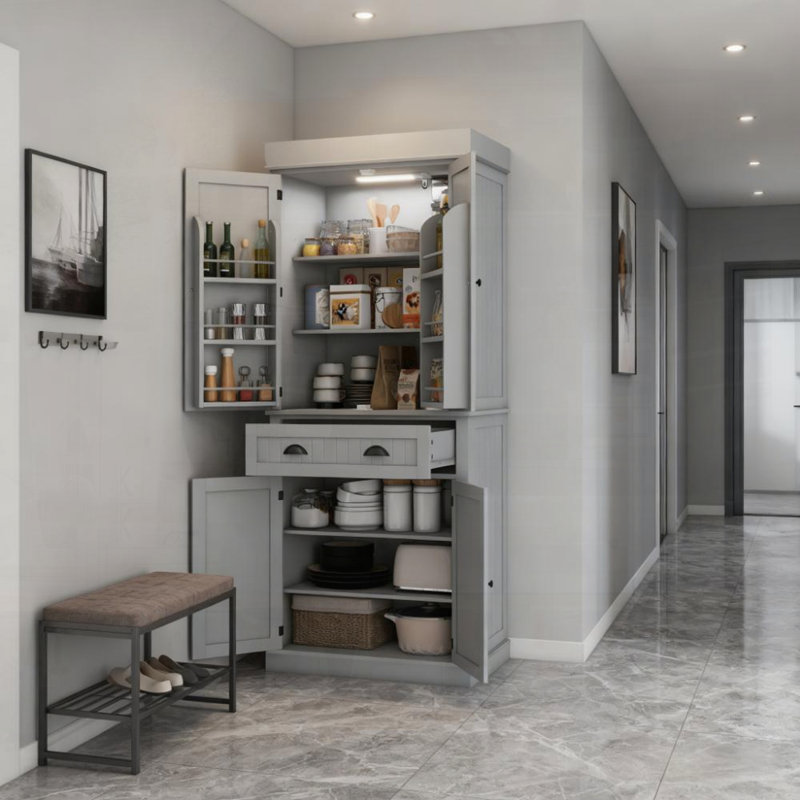 Armoire de cuisine de style moderne avec lumières DEL, tablettes de porte, tiroir et tablettes réglables, Grey
