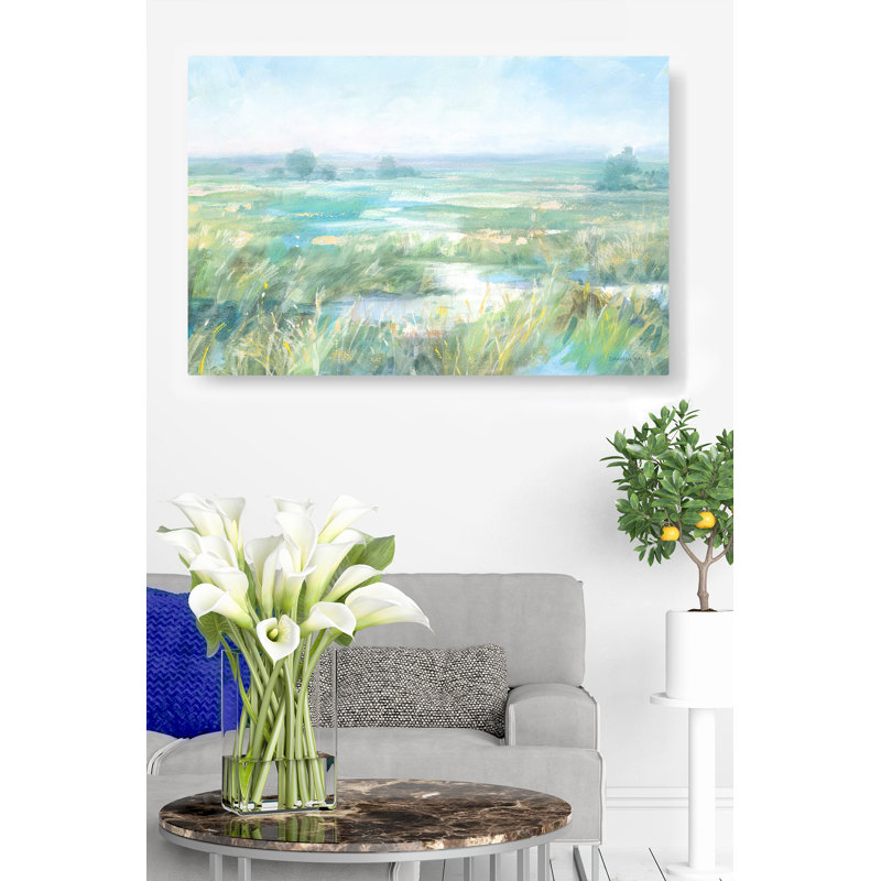 Pré peint, joli, tranquille, doux, brumeux, vert, jaune, bleu sarcelle, cyan, bleu, blanc, ruisseau, rivière, campagne, hautes herbes